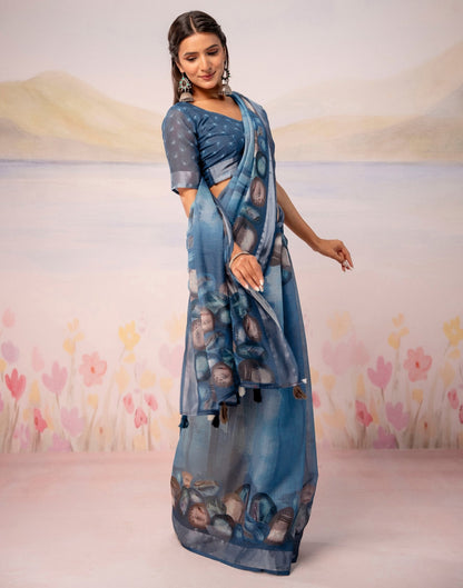 Dusty Blue Linen Printed Zari Border Saree