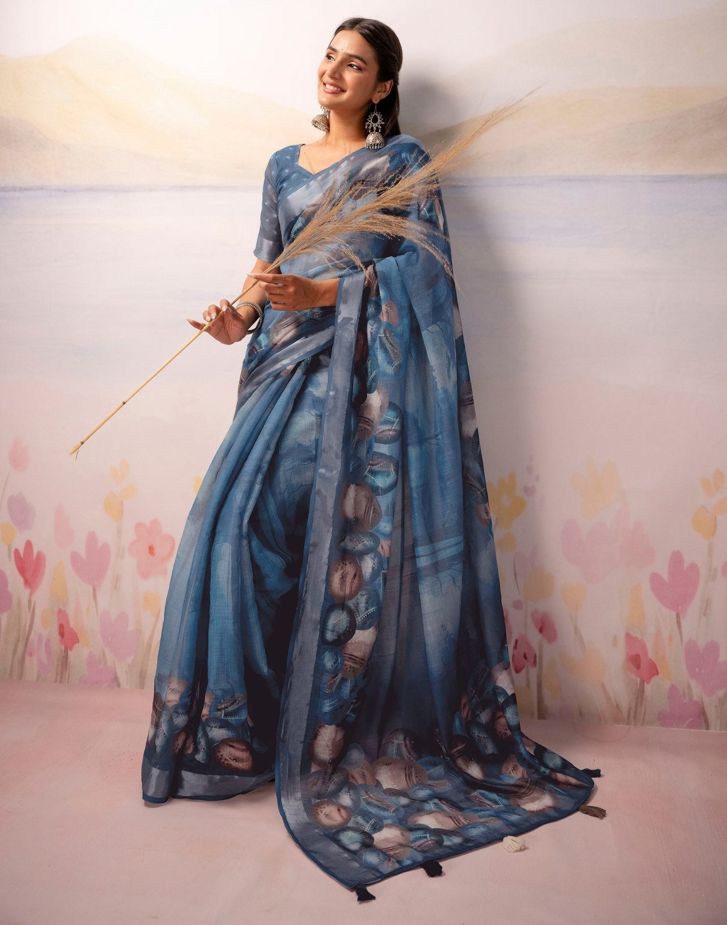 Dusty Blue Linen Printed Zari Border Saree