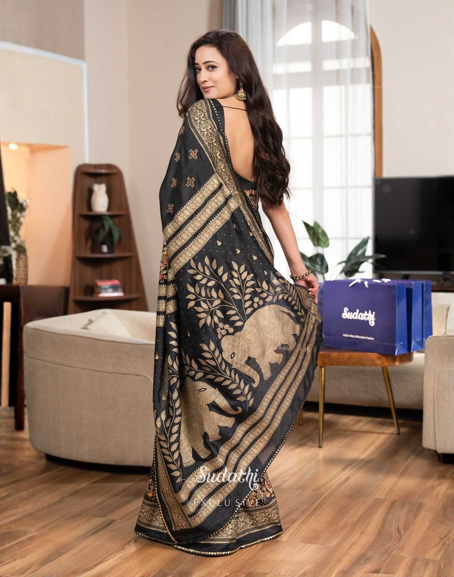 Shweta Tiwari Midnight Black Foil Silk Saree