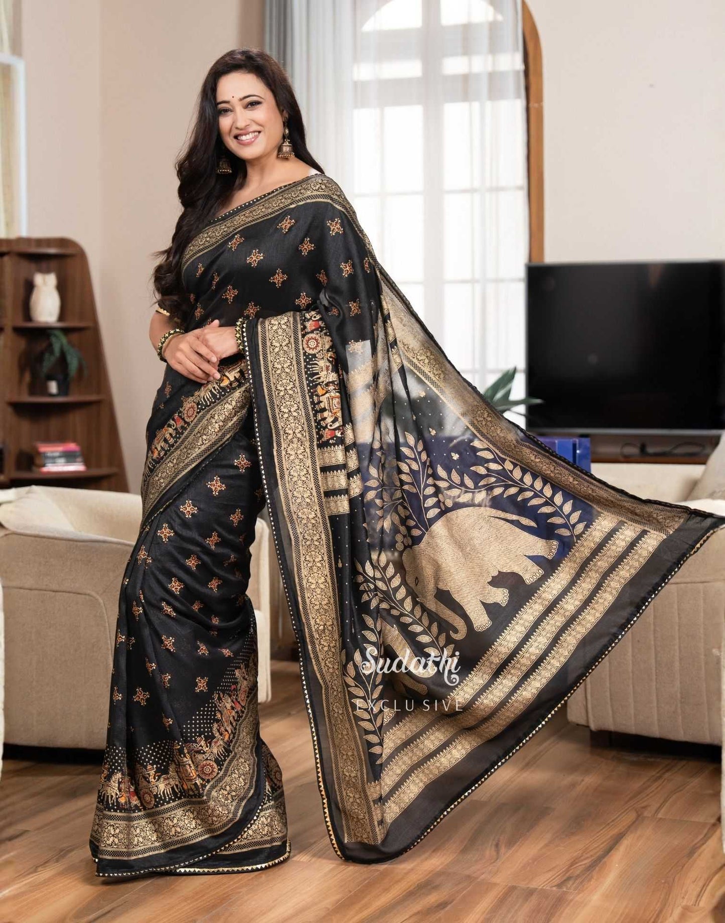 Shweta Tiwari Midnight Black Foil Silk Saree